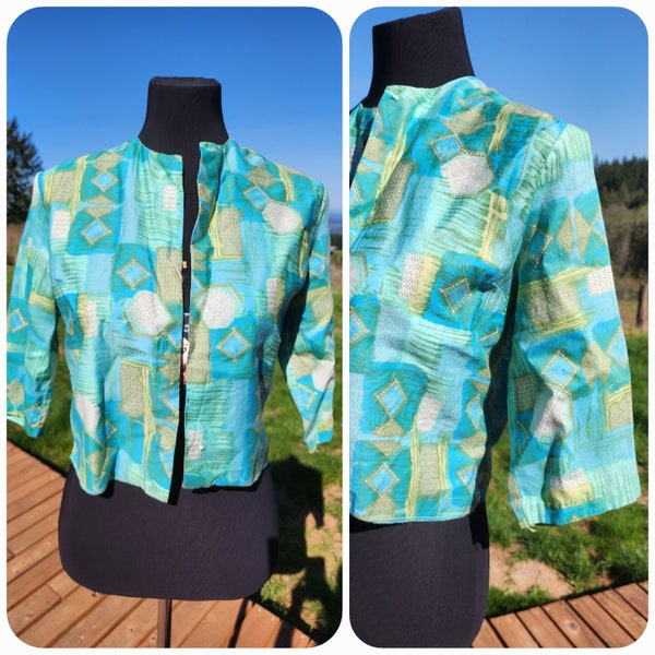 Vintage 1960’s Handmade Blue Green Abstract Print Bolero | Size Medium to Large