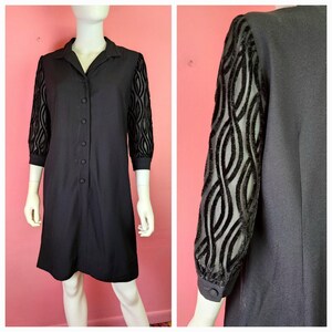 Small to Large Vintage 1960&#39;s Black Shift Cocktail Dress Velvet Illusion Sleeves