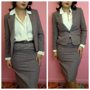 Size XS | Vintage 1990&#39;s Wool Herringbone Blazer Pencil Skirt Suit
