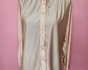 Vintage 1970's Ballet Pink Button Up Blouse with Bow Tie on Neck