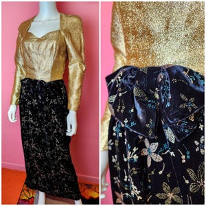 XS Vintage 1980&#39;s Gold Lurex Black Velvet Embroidered Long Sleeve Evening Gown