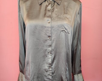 Vintage 1980's Grey Silk Button Up Blouse Long Sleeve