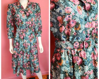 Size Small to Large | Vintage 1970's/1980's Green and Pink Floral Belted Day Dress by California Looks