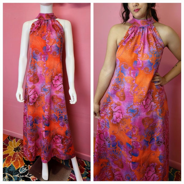 Size Small to Large | Vintage 1960's Dayglo Neon Orange and Pink Barkcloth Halter Maxi Dress