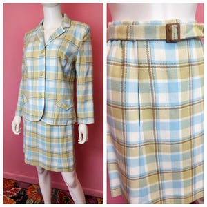 Size XS | Vintage 1960&#39;s Deadstock Blue & Yellow Plaid Skirt Suit with Belt