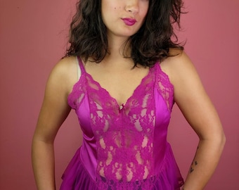 Vintage 1970's Purple Satin and Lace Ruffled Chemise Lingerie Top