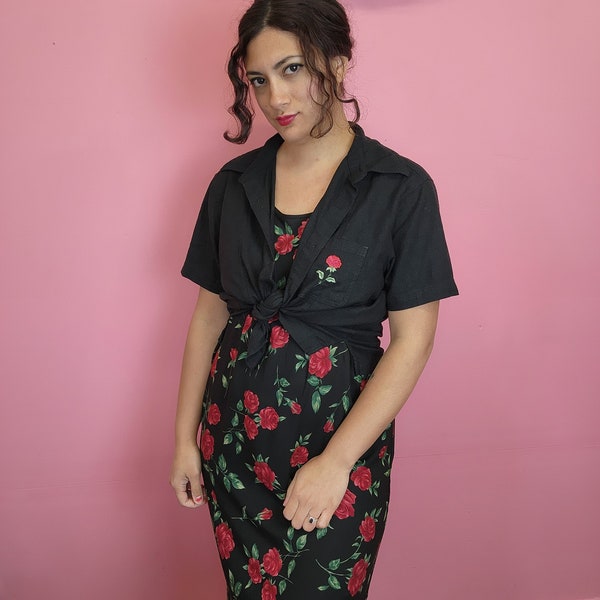 Size XL | Vintage 1990's 2 Piece Black and Red Rose Rayon Maxi Dress with Matching Button Up Shirt