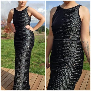 Vintage 1990&#39;s Black Velvet Maxi Evening Gown with Silver Rhinestone Sparkles by Maurices | Size Medium
