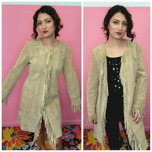 Size Large to XL 1990&#39;s to Y2K Genuine Suede Leather Fringe Jacket Dress