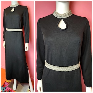 Size Large to XL Vintage 1970&#39;s Black Maxi Gown with Silver Metallic Lurex Collar and Belt with Keyhole Neckline and Side Slits