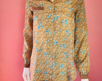 Size Small | Vintage 1970's Caramel Brown and Blue Floral Dagger Collar Satin Blouse