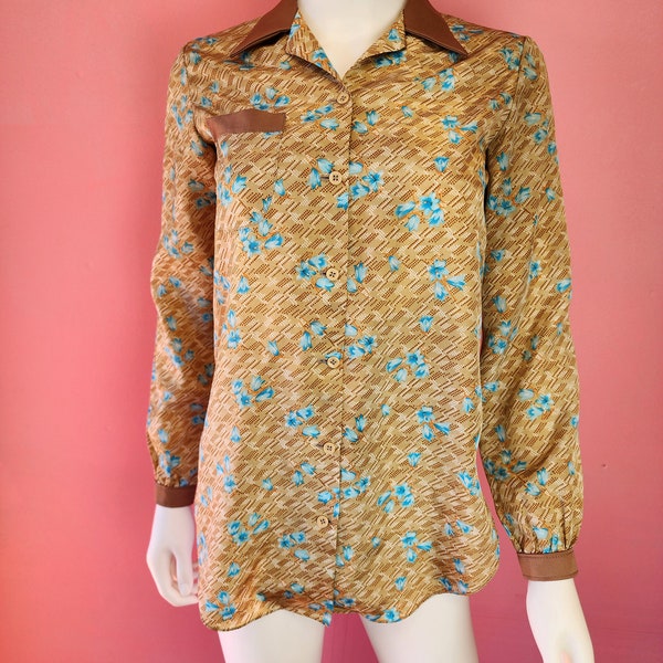 Size Small | Vintage 1970's Caramel Brown and Blue Floral Dagger Collar Satin Blouse