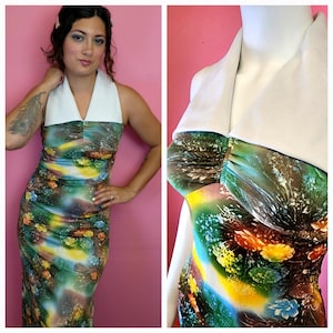Size XS to Small Vintage 1970&#39;s Oversized Collar Psychedelic Brown Yellow Maxi