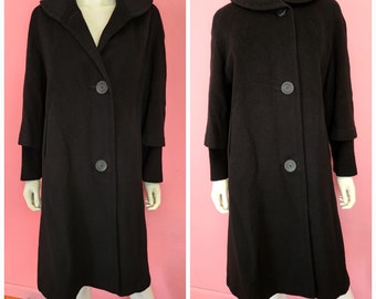 Size Large | Vintage 1960's Black Wool Overcoat with Layered Sleeves and Round Collar