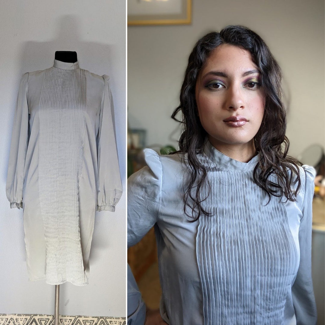 Vintage 1970's/ 1980's Grey Crystal Pleated Front, Long Sleeve Dress ...