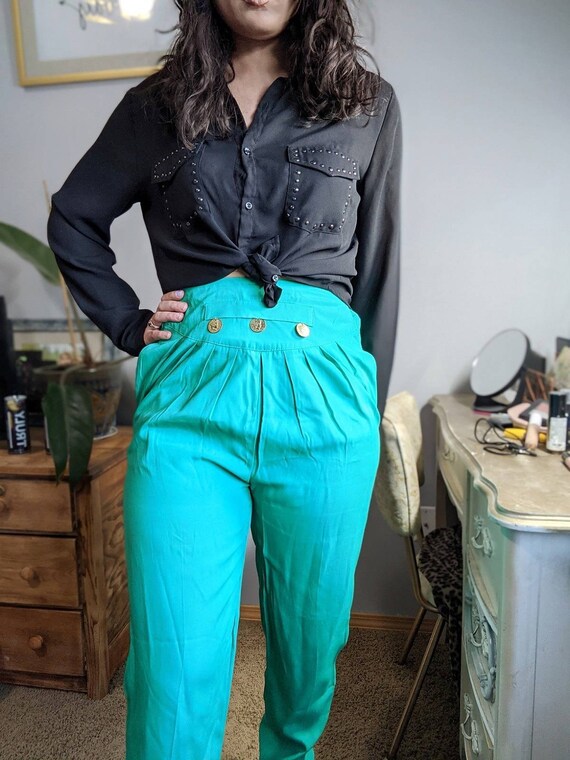 Vintage 1990’s Bright Kelly Green Loose Trousers … - image 3