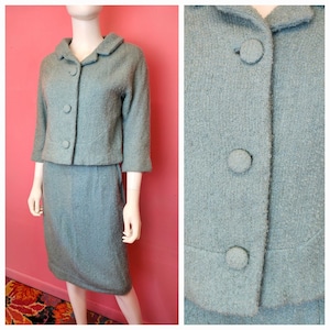 Size XS | Vintage 1960&#39;s Light Steel Blue Wool Boucle Knit Skirt Suit Set