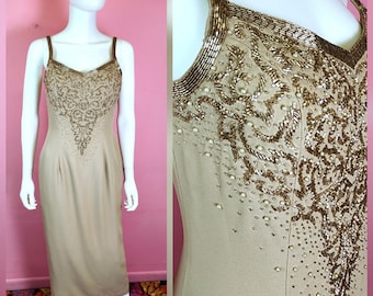 Size Small/Medium Vintage 1990's to Y2K Taupe Beaded Formal Gown by Miss Milan