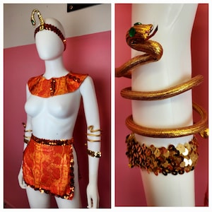 Vintage 1980&#39;s Cleopatra Costume - Gold Snake Crown, Cuffs, Egyptian Collar and Skirt | Women&#39;s XXS or Girls/Tween