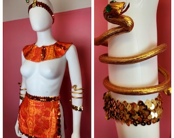 Vintage 1980&#39;s Cleopatra Costume - Gold Snake Crown, Cuffs, Egyptian Collar and Skirt | Women&#39;s XXS or Girls/Tween