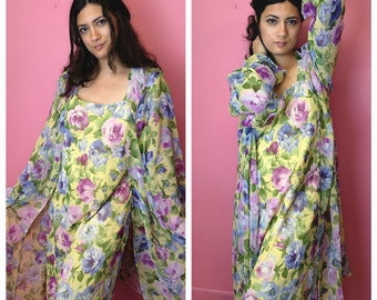 Size 2X | Vintage 1990's 2 Piece Yellow Dress with Dusty Pink and Blue Roses and Chiffon Duster