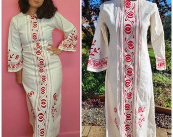 Vintage 1960's White Maxi Dress with Red Embroidered Roses and Bell Sleeves | Size Small to Medium