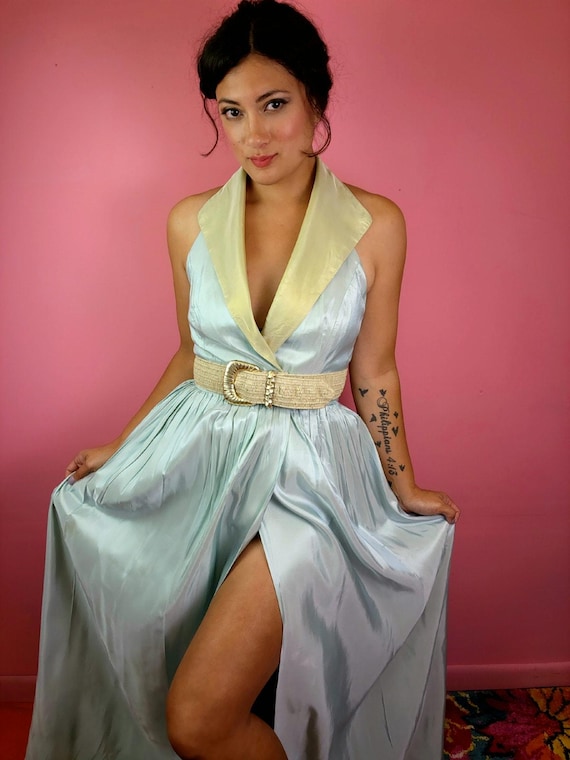 Size XS Vintage 1980's Dessy Creations Ice Blue and Pale Yellow Halter Evening  Gown - Etsy