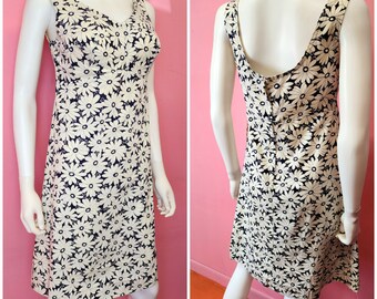 Size Medium | Vintage 1960's Navy Blue and White Flower Print Bullet Bra Dress