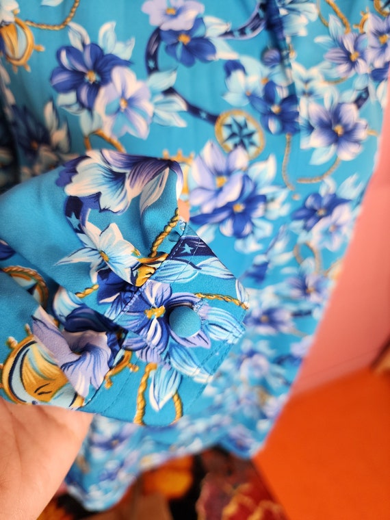 Vintage 1980's Light Blue Nautical Flower Blouse … - image 4