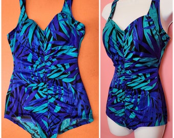 Vintage 1980's Tropical Leaf Print One Piece Bathing Suit | Maxine of Hollywood Size Medium