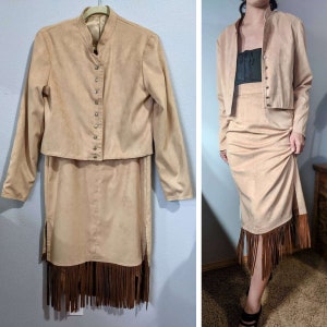 Vintage Early 1980&#39;s Western Ultra Suede Blazer and Skirt with Fringe Set | Size Small to Medium