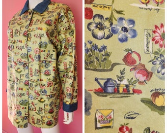 Taille petite à moyenne | Veste de pluie vintage des années 1990 à imprimé fantaisie jardin par Marisa Canvas