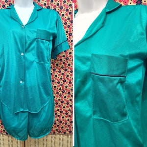Vintage Early 1980&#39;s Teal Satin Pajama Button Up & Shorts Set by &quot;Undercover Wear Inc&quot; | Size Small