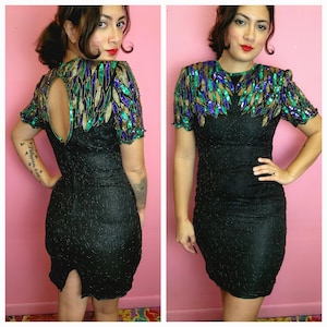 Size Medium | Vintage 1980&#39;s 100% Silk Made in India Sequin and Beaded Holiday Cocktail Dress by Stenay