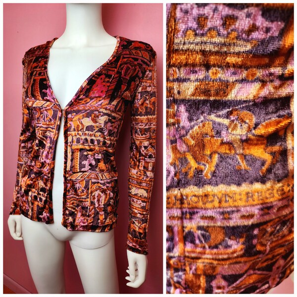 Size XS to Small | Vintage 1970's  One-of-a-kind Custom Made Velour Novelty Print - Roman War Scenes Purple Pink and Orange Cardigan