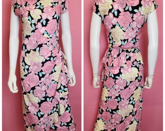 Size Small | Vintage 1980's Pink and Yellow Rose Floral Print Wrap Dress with Peplum Waist by You Babes II