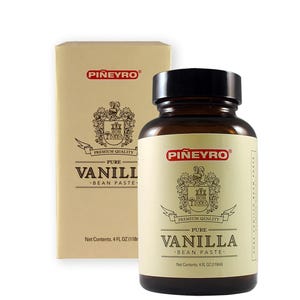 May include: A brown glass jar and a beige box of Piñeyro Pure Vanilla Bean Paste. The jar has a black lid and a white label with text and a crest. The box has the same design. The label reads "Pure Vanilla Bean Paste" and "Net Contents 4 FL OZ (118ml)."