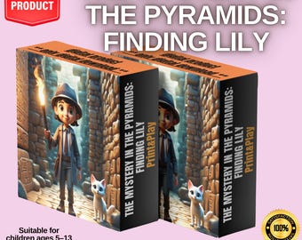 Puede incluir: Dos cajas de juego tituladas "El Misterio en las Pirámides: Finding Lily" presentan un niño ilustrado con una antorcha y un gato blanco. Las cajas son naranjas y negras, con texto que indica un juego de misterio para imprimir en casa adecuado para niños de 5 a 13 años.