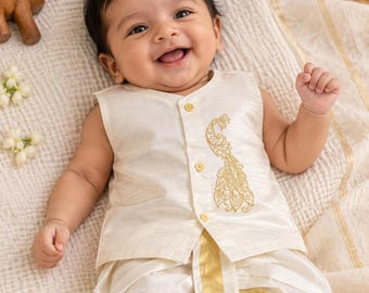 Kurtha-dhoti-set van zijde en katoen voor jongens: Zuid-Indiase feestkleding voor pasgeboren baby's, etnische kleding, geborduurde babyset