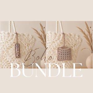 May include: A cream-coloured crocheted tote bag with a scalloped edge and braided handles, paired with two small, light brown crocheted accessories. One accessory is a rectangular pouch and the other is a square pouch, both featuring a grid pattern.