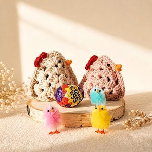 May include: Two crocheted chicken-shaped covers in beige and dusty pink, each with a red comb and orange beak. A colourful foil-wrapped Creme Egg sits between them, accompanied by two small, fluffy, bright blue and yellow toy chicks.