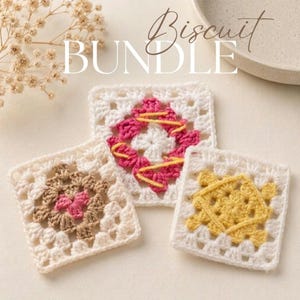 May include: Three square crochet granny squares with the text Biscuit BUNDLE. One square features white, pink, and yellow yarn. Another square has white, brown, and pink yarn. The third square is white and yellow. Each square has a decorative openwork pattern.