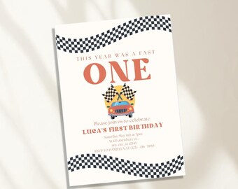 May include: A white birthday invitation with a checkered flag border. The invitation says "This year was a fast one" in red and black text. A red race car with a checkered flag is in the center of the invitation. The text "Please join us to celebrate Luca's First Birthday" is below the car. The invitation includes the date, time, and location of the party.