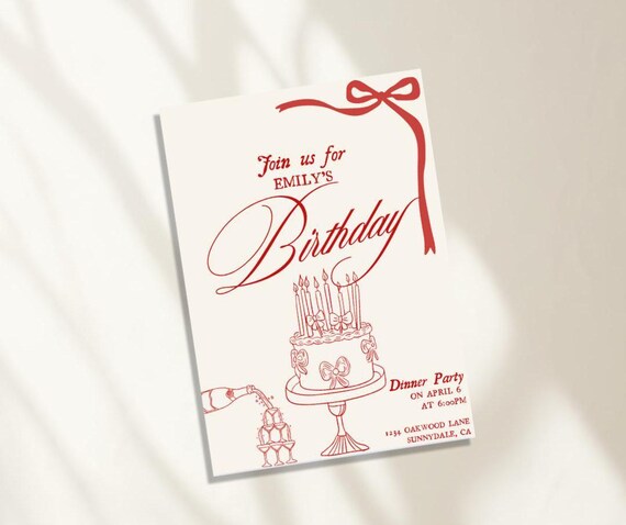 Red Bow Birthday Dinner Party Invite, Editable Template (Digital Download)
