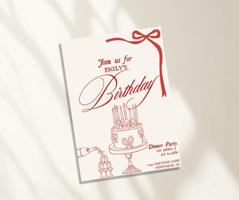 Peut inclure: Invitation &agrave; un d&icirc;ner d'anniversaire rouge et blanc avec un ruban rouge et un dessin d'un g&acirc;teau avec des bougies et une bouteille de champagne qui se verse dans un verre.