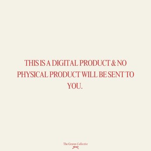 Peut inclure: Texte sur fond blanc en police rouge qui dit : "THIS IS A DIGITAL PRODUCT & NO PHYSICAL PRODUCT WILL BE SENT TO YOU." En dessous du texte se trouve la phrase "The Graves Collective" en police noire avec un ruban rouge.