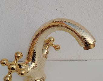 Handmade Gold Brass Bathroom Faucet: Vintage Wall Mount Mixer Tap
