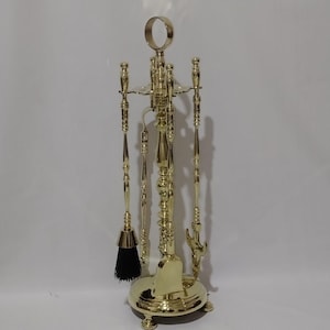 Vintage Polished Brass Fireplace Tool Set with Holder