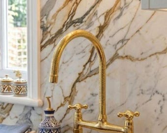 Vintage Hammered Brass Kitchen Faucet – Elegant Double Handle Sink Tap