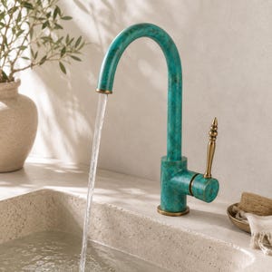 Solid Brass Faucet, Antique Kitchen Brass Mixer Tap, verdigris Patina, Gift For The Cook